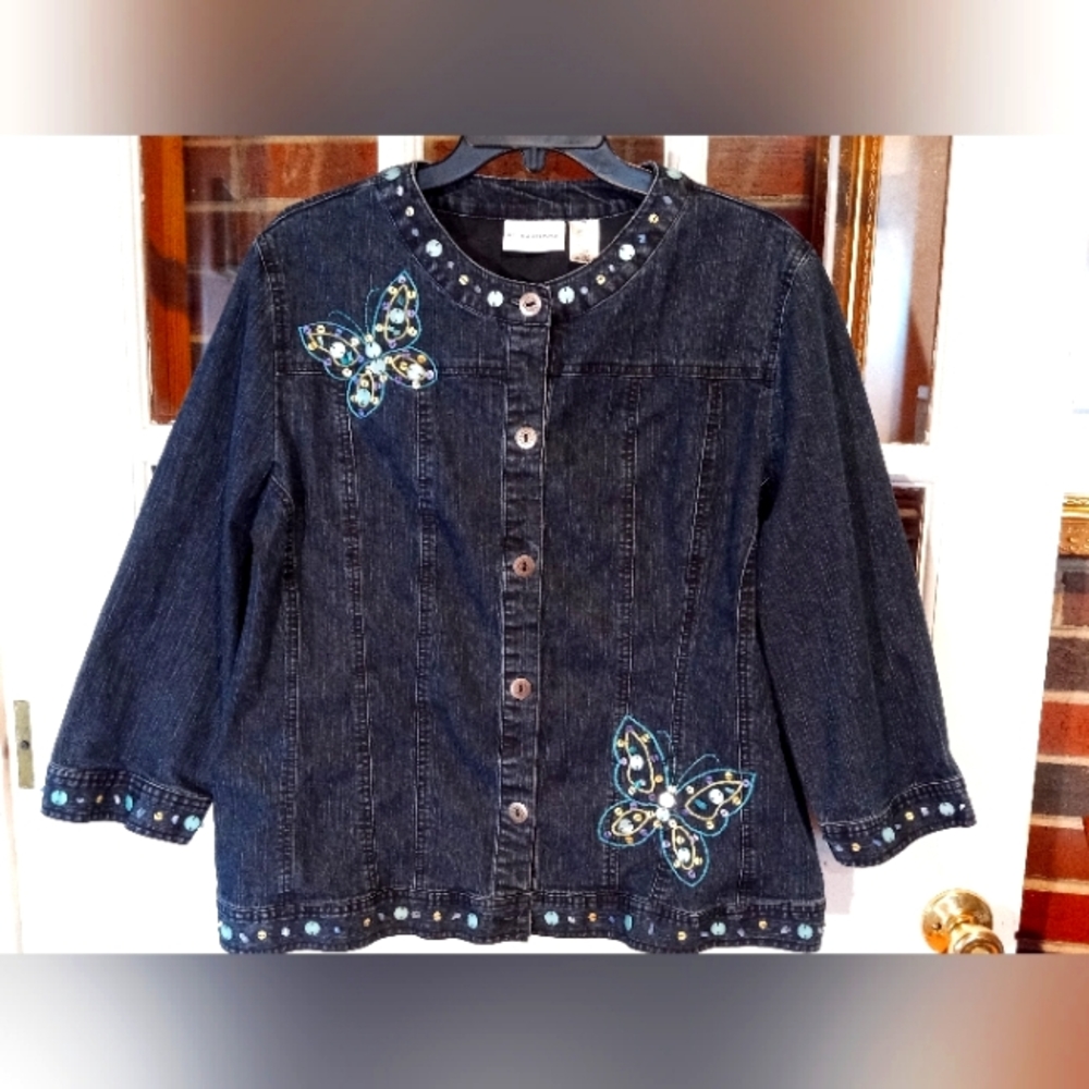 Alfred Dunner Blue Jean Jacket with 3/4 sleeve size 16 embroidered butterflies
